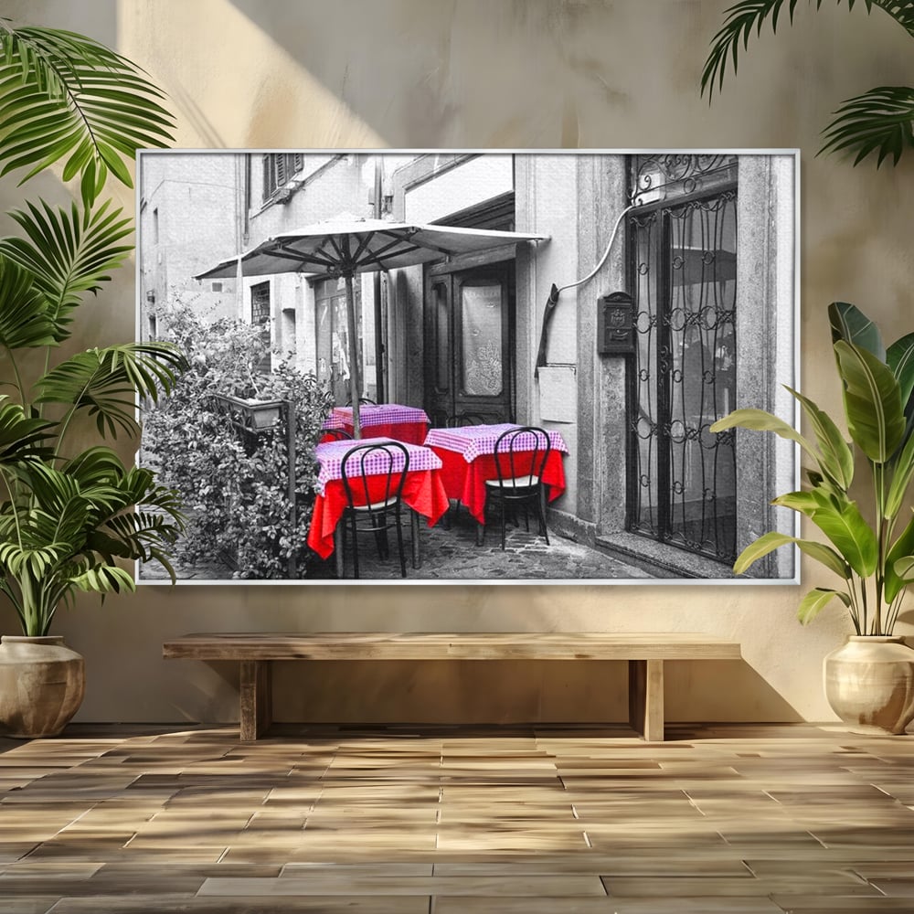Tablou canvas cu cafenea stradala vintage alb negru cu pete de rosu, in rama de aluminiu argintiu